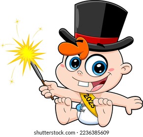 Cute New Year Baby Cartoon Character With Top Hat Holding A Sparkler. Vector Hand Drawn Illustration Isolated On Transparent Background