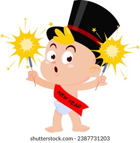 Cute New Year Baby Cartoon Character  With Top Hat Holding A Sparklers. Vector Illustration Flat Design Isolated On Transparent Background