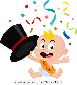 Cute New Year Baby Cartoon Character Waving With Top Hat. Vector Illustration Flat Design Isolated On Transparent Background