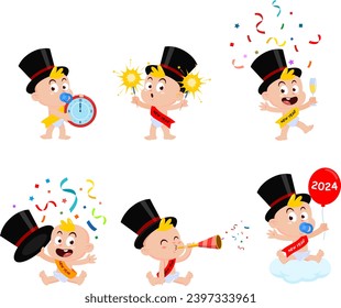 Cute New Year Baby Cartoon Character. Vector Flat Design Collection Set Isolated On Transparent Background