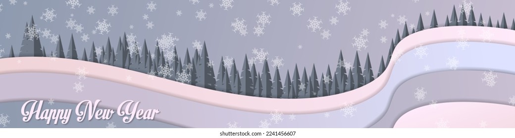 Cute New Year banner in soft pastel colors. Congratulatory inscription on the background of wavy stripes, coniferous trees and snowflakes. Vector.