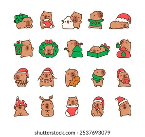 Cute new year capybara. Cartoon holiday animal. Hand drawn style. Vector drawing. Collection of design elements.