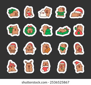 Cute new year capybara. Sticker Bookmark. Cartoon holiday animal. Hand drawn style. Vector drawing. Collection of design elements.