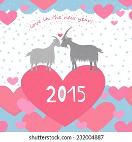 Cute new year card with couple goats. Vector seamless illustration.