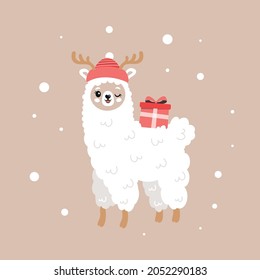 Cute New Year card with llama. Cute alpacas and snow. Lama in a red cap with present. Happy New Year. Merry Christmas. New Year poster.