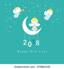 Cute New Year card with sweet small angels