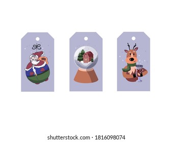 Cute new year cards with deer, snow ball and Santa Claus. Vector illustration