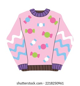 Cute new year cartoon pink sweater, candy, stripes. Knitted ugly retro pullover, flat vector hygge style illustration. Christmas winter warm clothes, season trend sticker symbol, horrible decor girly