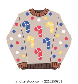 Cute new year cartoon sweater, brown, candy cane, dots. Knitted ugly retro pullover, flat vector illustration hygge style. Christmas winter warm clothes, season trend sticker symbol, horrible xmas art