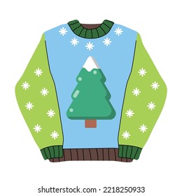 Cute new year cartoon sweater, Christmas tree snowflakes. Knitted ugly retro pullover, flat vector hygge style illustration. Winter warm clothes, season trend sticker symbol, horrible decor green blue