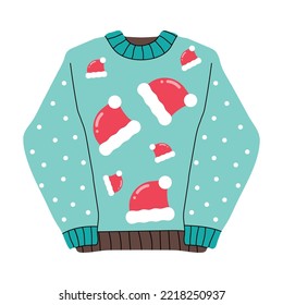Cute new year cartoon sweater, santa claus hats, snow. Knitted ugly retro pullover, flat vector illustration hygge style. Christmas, winter warm clothes, season trend sticker symbol, horrible xmas art