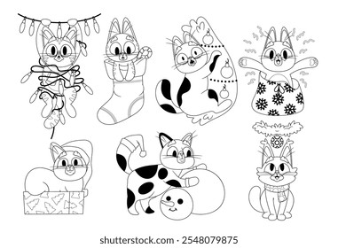 Cute new year cats Christmas cartoon characters holidays activity black-and-white isolated set