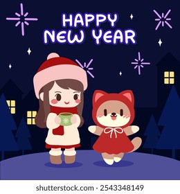 Cute New Year celebration with girl and dog Illustration. New Year illustration captures a cozy winter night with a girl and her adorable dog celebrating under a sky filled with fireworks.