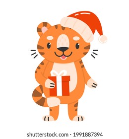 Cute new year character tiger cub with gift and hat in cartoon style. Vector Christmas isolated illustration. Merry christmas and new year 2022. The year of tiger.