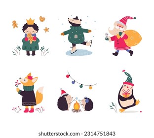 Cute New Year Character Wearing Hat and Sweater Vector Set