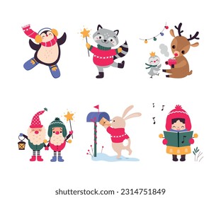 Cute New Year Character Wearing Hat and Sweater Vector Set