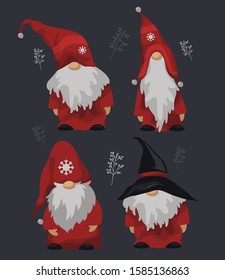 Cute New Year Christmas gnomes. Fairy-tale characters, old men with a gray beard. Vector illustration.