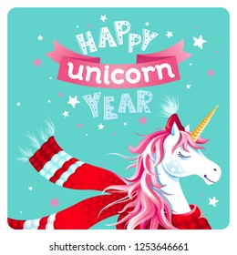 Cute New Year or Christmas greeting card with unicorn, Santa hat, scarf and stars on mint color background. Humor lettering "Happy Unicorn Year". Cartoon character. Square holiday vector background. 