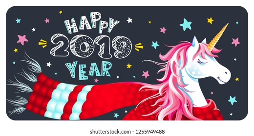 Cute New Year or Christmas greeting card with unicorn, scarf and stars on black background. Lettering "Happy 2019 Year". Cartoon character. Horizontal holiday vector background, calendar cover