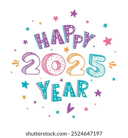 Cute New Year or Christmas greeting card with hand drawn lettering "Happy 2025 Year" on white background of starry night sky. Cartoon childish banner. Square holiday vector background, calendar cover