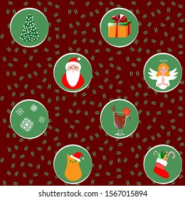 cute new year & christmas pattern: christmas tree, santa claus, gift box, an angel, snowflakes, cat in the hat, mulled wine, sock with gifts