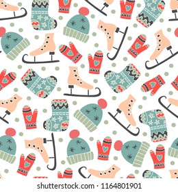 Cute New year and Christmas seamless pattern. Muilticolored background in vector. Hand drawn skates,hats,mittens and felt boots. Gift wrapping paper.