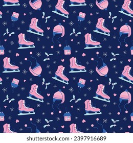 Cute New year and Christmas seamless pattern. Beautiful Winter background. Hand drawn skates, hats, mistletoe, snowflakes on navy backdrop. Flat style vector print for paper, textile, greeting card.