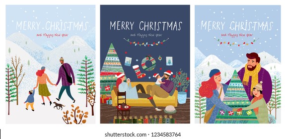 cute new year and christmas vector illustrations of a loving happy family on a winter vacation, mom, dad and child are walking in nature, play with the baby at home and decorating a Christmas tree