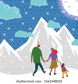 cute new year and christmas vector illustrations of a loving happy family on a winter vacation, mom, dad and baby are walking in nature, 
