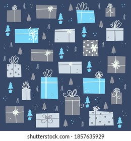 Cute New Year and Christmas vector hand drawn Christmas gift boxes. Christmas presents background