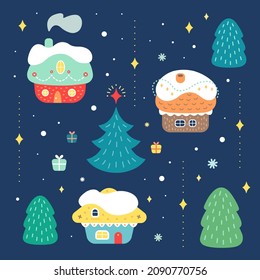 Cuta imagen vectorial de Año Nuevo y Navidad con casas de dibujos animados infantiles y árboles de abetos en el bosque. Ilustración de estilo escandinavo para impresiones, patrones, postales, envolturas, decoración, textiles, telas