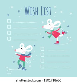 Cute New Year or Christmas wishlist card with mice.Cartoon character. Holiday vector background. Party organizer