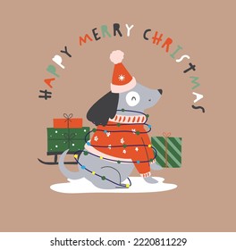 Cute new year dog and gifts Christmas tree graphic tee design for kids market as vector
