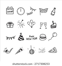 Cute New Year Doodle Icon Sticker Set, Hand-Drawn Festive Celebration Illustrations