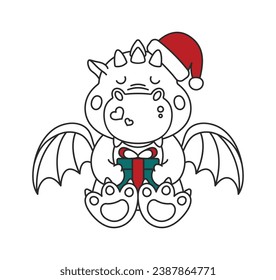 Cute New Year Dragon with Santa Claus Hat and Gift Box Symbol of 2024 Outline