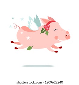Cute new year flying jumping pig character with wings