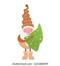 Cute New Year Gnome With Christmas Tree On White Background