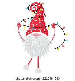 Cute New Year Gnome With Electric Garland On White Background