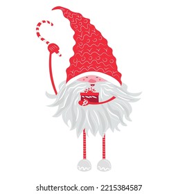 Cute New Year Gnome With Gift And Candy Cane On White Background