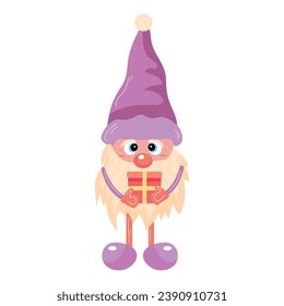Cute New Year gnome with gift on white background