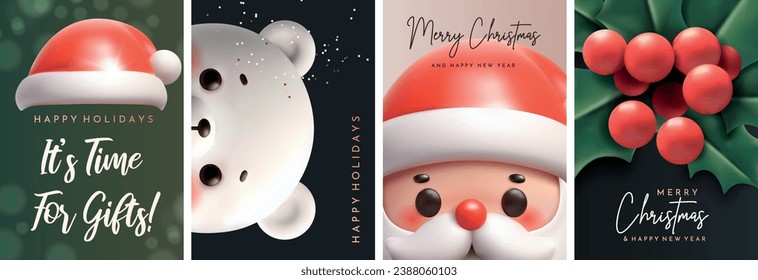 Cute New Year greeting cards. Polar bear, Santa Claus, Santa's hat and holly. Set of Christmas cards with 3D elements.