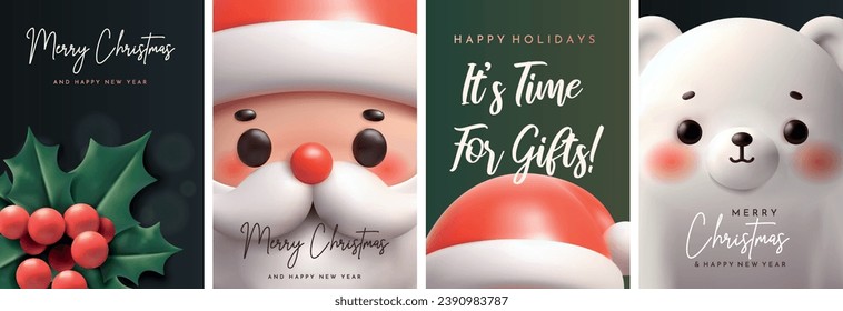 Cute New Year greeting cards. Set of Christmas postcards. Polar bear, Santa Claus, Santa's hat and holly. Set of Christmas cards with 3D elements.