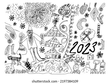 Cute new year gretting card 2023 with santa and christmas attributes. Naive baby drawing in scribble style collection for merry Christmas and happy new year. Vector illustration