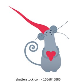 Cute New Year grey rat, vector illustration. Funny rat for New Year design. Cute little mice. Merry christmas mouse. Rat, symbol, sign of Chinese calendar, zodiac. Character, mascot, vector image