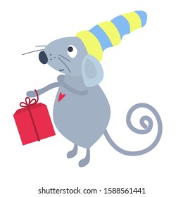 Cute New Year grey rat, vector illustration. Funny rat for New Year design. Cute little mice. Merry christmas mouse. Rat, symbol, sign of Chinese calendar, zodiac. Character, mascot, vector image