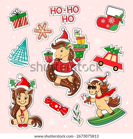 Cute new year horses with present collection on a pink background. Chinese symbol. Vector cartoon illustration zodiac animals