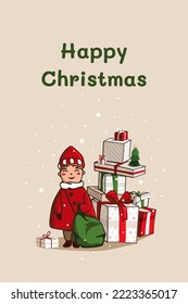 Cute New Year illustration of Santa Claus with gifts. A mountain of New Year's gifts with a Christmas tree. Children's hand drawn illustration. Christmas greeting card.