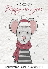 Cute New Year mouse 2020. Greeting card for New Year and Christmas. Vector illustration