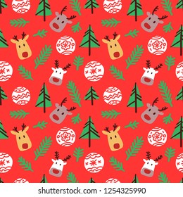 Cute new year pattern. Reindeer among Christmas trees, and Christmas balls. Great for greeting cards, wrapping paper and more. Merry Christmas! Happy New Year!