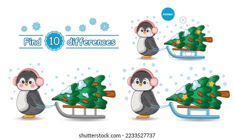 Cute New Year penguin bird with holiday Christmas tree on sled, find 10 differences puzzle education children game. Search match picture. Winter arctic animal. Kids preschool logical exercise. Vector